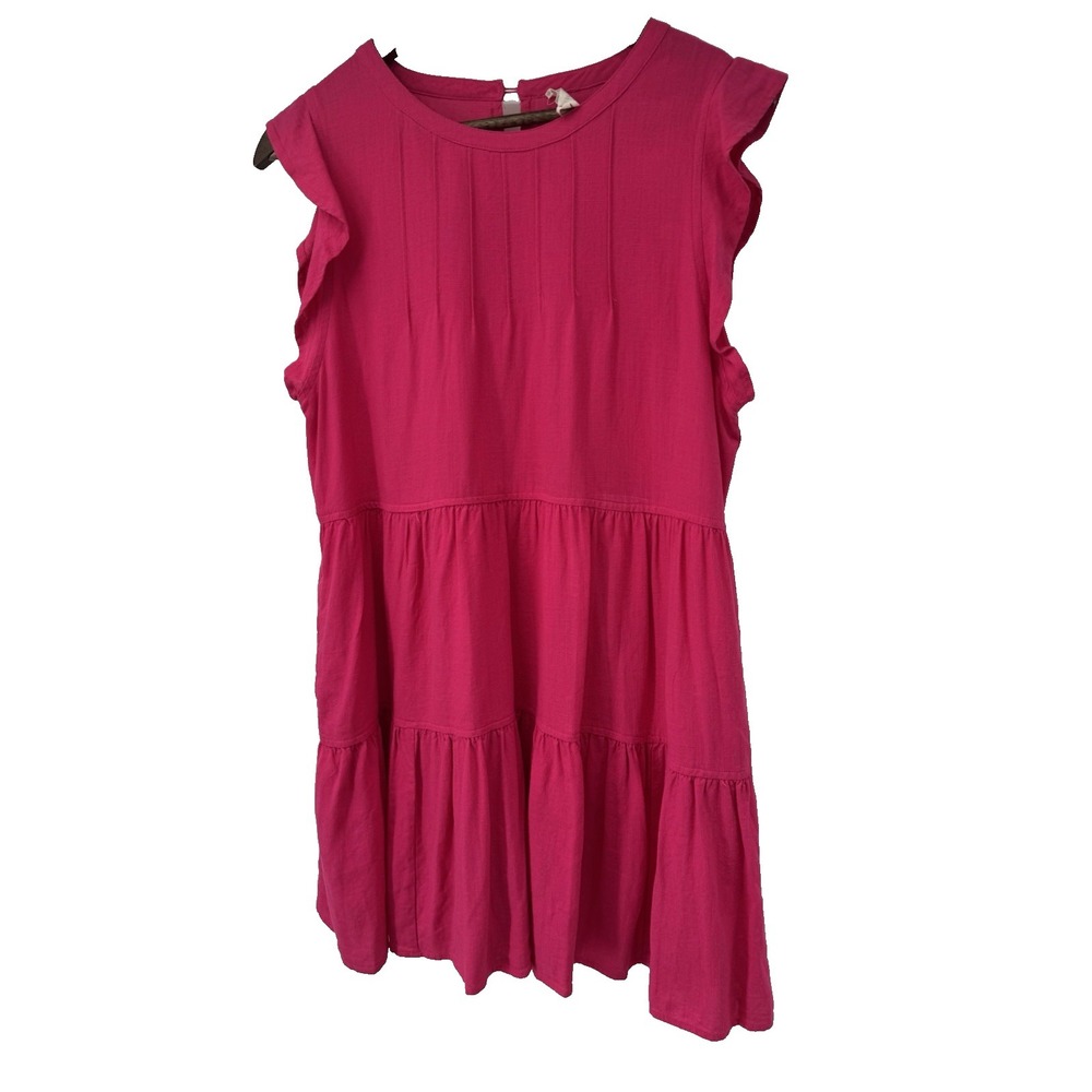 Pink Tiered Dress Flutter Sleeve Magenta Mini‎ Dress linen M cottagecore fairy